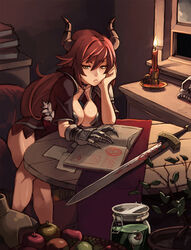  airomed apple artist_name bare_legs book bored borrowed_character breasts candle choker cleavage crossed_legs demon_girl eyeball food fruit gem gloves highres hips horns jar junkpuyo large_breasts long_hair md5_mismatch open_book original pentagram red_hair single_glove sitting skull slit_pupils solo succubus sword weapon yellow_eyes 