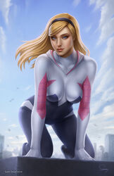  all_fours artist_name bird blonde_hair blue_eyes blue_sky blurry bodysuit breasts building cloud commentary_request day depth_of_field female gwen_stacy hairband highres hood hood_down hooded_bodysuit impossible_bodysuit impossible_clothes marvel medium_breasts photoshop_(medium) sam_delatore sky solo spider-gwen spider-man_(series) superhero_costume 