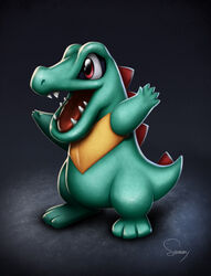  commentary_request full_body no_humans open_mouth photoshop_(medium) pokemon pokemon_(creature) red_eyes sam_delatore signature solo totodile 