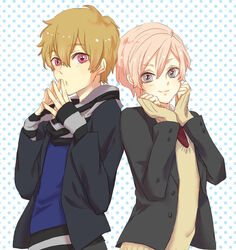  2boys blonde_hair blue_eyes blush commentary_request cosplay costume_switch fingerless_gloves free! gloves hazuki_nagisa iwatobi_high_school_uniform kissky male_focus mikado_nagi multiple_boys necktie open_mouth pink_eyes scarf school_uniform season_connection smile steepled_fingers sweater_vest uta_no_prince-sama uta_no_prince-sama_maji_love_2000_percent voice_actor_connection yonaga_tsubasa 