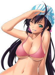  bandana bikini bikini_top_only black_hair breasts commentary_request female green_eyes grin head_scarf hozumi_takashi large_breasts long_hair love_live! love_live!_school_idol_project navel one_eye_closed photoshop_(medium) pink_bikini shading_eyes shiny_skin smile solo swimsuit tojo_nozomi twintails underboob 