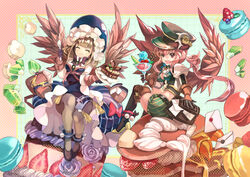  2girls blonde_hair bow breasts brown_eyes cake closed_eyes closed_mouth commentary cup dessert dress envelope flower food frills fruit full_body gloves hair_between_eyes hat high_heels holding holding_spoon ice_cream ice_cream_cup juliet_sleeves kappo kepi letter long_hair long_sleeves macaron mailbag medium_breasts military_hat multiple_girls open_mouth original pantyhose pink_hair poll ponytail puffy_sleeves sidelocks sitting smile spoon strawberry wings 