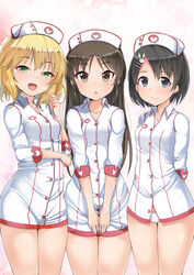  3girls :d :o alternate_costume arms_behind_back asymmetrical_bangs black_hair blonde_hair blue_eyes breasts brown_eyes brown_hair buttons closed_mouth collared_shirt commentary_request covering_crotch covering_privates cowboy_shot elbow_sleeve gaichi green_eyes hair_ornament hairclip hand_up hat heart heart_print idolmaster idolmaster_cinderella_girls long_hair looking_at_viewer medium_breasts multiple_girls no_pants nurse nurse_cap open_mouth panties parted_bangs parted_lips pink_background rabbit_hair_ornament red_trim sakurai_momoka sasaki_chie shirt sleeves_past_elbows small_breasts smile straight_hair tachibana_arisu thighs undersized_clothes underwear uniform white_background white_hat white_panties white_shirt 