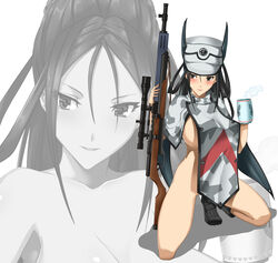  black_hair blush bra breasts commentary cup english_commentary female gun hat highres indy_k kai_schren large_breasts long_hair looking_at_viewer military navel panties ponytail rifle senjou_no_valkyria_(series) senjou_no_valkyria_4 sniper_rifle solo underwear weapon 