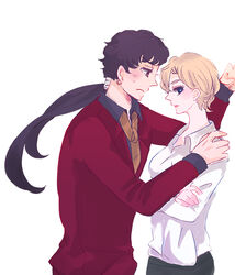  2girls bishoujo_senshi_sailor_moon bishoujo_senshi_sailor_moon_stars commentary_request crossed_arms formal from_side hand_on_another&#039;s_shoulder long_hair low_ponytail multiple_girls necktie rinako_(rococo) seiya_kou shirt short_hair ten&#039;ou_haruka very_short_hair white_background white_shirt 