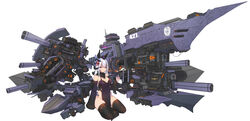  absurdres black_thighhighs breasts cannon cleavage commentary_request covered_navel detached_sleeves female flower hair_flower hair_ornament halo highres large_breasts long_hair long_sleeves mecha_musume mechanical_ears original pelvic_curtain purple_eyes seiza simple_background sitting solo syaha thighhighs white_background white_hair 