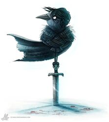  anthro avian beak bird black_body black_feathers black_hair blood bodily_fluids cape clothing copyright_symbol corvid corvus_(genus) crow digital_media_(artwork) digital_painting_(artwork) empty_eyes feathers game_of_thrones hair humor jon_snow male melee_weapon oscine passerine piper_thibodeau pun simple_background solo sword symbol visual_pun weapon white_background white_eyes 