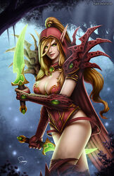  artist_name bad_drawcrowd_id bad_id blonde_hair blood_elf_(warcraft) breasts cape cleavage dual_wielding elf female green_eyes hair_tubes high_ponytail holding hood long_hair medium_breasts photoshop_(medium) plant pointy_ears reverse_grip rogue_(warcraft) sam_delatore signature solo tree valeera_sanguinar warcraft world_of_warcraft 