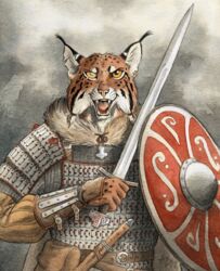  0laffson 2018 5_fingers abstract_background armor belt belt_pouch breastplate brown_body brown_fur buckle dagger ear_tuft felid feline fingers fur graphite_(artwork) holding_melee_weapon holding_object holding_shield holding_sword holding_weapon looking_at_viewer looking_forward lynx mammal markings melee_weapon open_mouth painting_(artwork) pencil_(artwork) plate_mail round_shield scar shield signature solo spaulder spots spotted_body spotted_fur striped_body striped_fur stripes sword teeth tongue traditional_media_(artwork) tuft vambrace watercolor_(artwork) weapon white_body white_fur yellow_eyes 