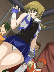  bare_legs black_eyes blonde_hair blue_gloves blue_skirt breasts duel_disk female fingerless_gloves from_below gloves hair_between_eyes hair_over_one_eye happy headband highres indoors jacket large_breasts legs long_hair looking_back no_eyes open_mouth panties pantyshot pantyshot_(standing) shiny shiny_skin skirt sleeveless_jacket sleeveless_turtleneck smile standing straw_(yokubou_hiroba) tenjouin_asuka thighs turtleneck underwear upskirt vest walking white_panties yu-gi-oh! yuu-gi-ou_gx 