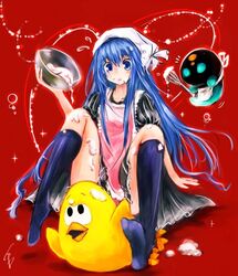  ^^^ apron bastion blue_eyes blue_hair bowl dot_heit dress female kneehighs long_hair looking_at_viewer messy red_background signature simple_background socks sparkle spill squirt_(bastion) st-ko steam_(platform) toki_tori toki_tori_(game) whipped_cream whisk 