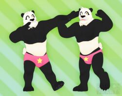  2018 3d_(artwork) anthro barefoot bear biped black_nose bottomwear claws clothing digital_media_(artwork) feet flexing fur giant_panda hat headgear headwear hi_res male mammal muscular muscular_anthro muscular_male nails open_mouth pants pattern_background pawpads paws pecs shorts simple_background solo speedo striped_background swimwear tairu teeth toe_claws tongue vrart1 