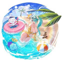  1boy ^^^ absurdres aqua_hair ball bare_shoulders beach beach_umbrella beachball bikini blue_archive blue_eyes blue_sky breasts cleavage collarbone commentary_request doodle_sensei_(blue_archive) eyes_visible_through_hair female floral_print_bikini food hair_over_one_eye halo highres hiyori_(blue_archive) hiyori_(swimsuit)_(blue_archive) jacket jyon_(xrmn8737) large_breasts long_hair off_shoulder on_ground on_innertube open_clothes open_jacket open_mouth orange_bikini outdoors palm_leaf palm_tree pink_innertube popsicle sensei_(blue_archive) side_ponytail sitting sky sun sunlight swimsuit thighs tree umbrella white_bikini yellow_jacket yokozuwari 