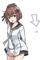  arrow_(symbol) black_sailor_collar brown_eyes brown_hair covering_crotch covering_privates dress female grey_neckerchief headgear highres kantai_collection neckerchief panties sailor_collar sailor_dress short_hair simple_background solo speaking_tube_headset underwear unworn_panties white_background white_dress yuki_4040 yukikaze_(kancolle) yukikaze_kai_ni_(kancolle) 