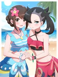  2girls :d absurdres asymmetrical_bangs beach bikini black_hair bracelet brown_eyes brown_hair criss-cross_halter day flower flower_bracelet gloria_(pokemon) gloria_(summer_2021)_(pokemon) green_eyes hair_flower hair_ornament halterneck highres jewelry marnie_(pokemon) marnie_(summer_2021)_(pokemon) medium_hair midriff multiple_girls navel necklace ocean official_alternate_costume one_eye_closed open_mouth outdoors pokemon pokemon_masters_ex sand sarong scrunchie shabana_may shirt short_hair smile swimsuit teeth upper_teeth_only water wrist_scrunchie 