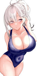  absurdres adjusting_hair ahoge alternate_costume alternate_hairstyle arm_behind_back bare_shoulders blue_one-piece_swimsuit blunt_bangs blush breasts cleavage collarbone covered_navel female grey_hair hair_behind_ear hair_over_one_eye hand_up high_ponytail highres huge_breasts long_hair looking_to_the_side mole mole_under_eye nijisanji o3o one-piece_swimsuit pink_eyes puckered_lips sanpaku simple_background solo sukoya_kana swimsuit thighs virtual_youtuber wet white_background yunon_oto_mad 