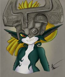  2023 armor blonde_hair female flat_chested green_body grey_background hair headgear helmet hi_res humanoid humanoid_pointy_ears imp looking_at_viewer midna nintendo not_furry one_eye_obstructed red_eyes signature simple_background smile solo texalunax the_legend_of_zelda twili twilight_princess white_body yellow_sclera 