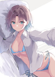  aqua_hair asakura_toru bikini bikini_under_clothes blue_bikini blush breasts commentary_request earrings female gradient_hair hatsu_(first_snow) highres idolmaster idolmaster_shiny_colors jewelry looking_at_viewer lying medium_breasts multicolored_hair on_side open_clothes open_shirt purple_hair selfie shirt short_hair side-tie_bikini_bottom smile solo swimsuit white_shirt 