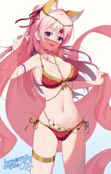  :d bikini breasts cleavage cowboy_shot female hair_ribbon highres holding large_breasts long_hair looking_at_viewer miso_(misomiso_154) miyaguni_akari mouth_veil open_mouth pink_hair purple_eyes red_bikini red_ribbon ribbon second-party_source sen_no_hatou_tsukisome_no_kouki side-tie_bikini_bottom simple_background smile solo standing swimsuit tongue veil white_background 