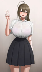  ahoge black_skirt breasts brown_background brown_eyes brown_hair collared_shirt commentary_request female gradient_background highres idolmaster idolmaster_shiny_colors kuwayama_chiyuki large_breasts looking_at_viewer open_mouth pleated_skirt see-through see-through_shirt senju_(snz0) shirt short_sleeves skirt smile solo standing sweat thighs v white_shirt 