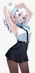  @_@ antenna_hair armpits arms_up belt black_belt black_dress black_necktie black_skirt blue_hair blush collared_shirt commentary_request dress dress_shirt dripping female hair_between_eyes hair_ornament hairclip hakase_fuyuki highres hot light_blue_hair light_blush long_hair looking_at_viewer low_ponytail necktie nijisanji open_mouth pantyhose red_eyes shirt simple_background skirt sleeveless sleeveless_shirt solo standing sweat sweatdrop virtual_youtuber white_background white_shirt yodare_(3yami8) 