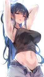  armpits arms_up bare_arms bare_shoulders black_panties black_shirt blue_archive blue_eyes blue_hair blue_halo blush breasts commentary_request female halo highres large_breasts long_hair looking_at_viewer navel open_mouth paid_reward_available panties ponytail saori_(blue_archive) sea_nami shirt sidelocks simple_background sleeveless sleeveless_shirt solo stomach sweat underwear white_background 