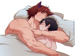  2boys animal_ears aphelios bara black_hair blush closed_eyes closed_mouth couple highres hug league_of_legends lying male_focus multiple_boys muscular muscular_male on_side pillow red_hair scar scar_on_arm sett_(league_of_legends) short_hair sleeping yaoi yotti 