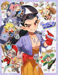  2024 3boys 5girls anessa_(dqb2) animal_ears artist_name black-framed_eyewear blonde_hair blue_eyes blunt_bangs bone_necklace book border bowl_cut bread breasts brown_eyes brown_hair cabbage chako_(dqb2) chibi cleavage closed_eyes closed_mouth commentary_request dated dragon_quest dragon_quest_builders_2 earrings fake_animal_ears feline female_builder_(dqb2) fishnets floating_hair food fringe_trim glasses gloves green_hair grin hammer hammerhood_(dragon_quest) hand_on_own_hip heart helmet high_heels highres holding holding_hammer holding_tray jewelry long_hair looking_at_viewer male_builder_(dqb2) multiple_boys multiple_girls necklace one_eye_closed open_book open_clothes open_mouth open_shirt orange_hair orange_pants pants parted_bangs pero_(dqb2) perry_(dqb2) pink_hair playboy_bunny pointy_ears purple_border purple_hair purple_shirt rabbit_ears red_eyes red_gloves ruru_(dqb2) shirt sidoh_(dqb2) skull_belt slime_(dragon_quest) smile spiked_hair tomato tooth_necklace translation_request tray twintails usachanget vegetable very_long_hair 