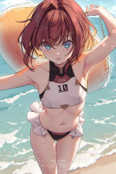  ange_katrina arm_up armpits ass_visible_through_thighs backlighting bare_arms bare_shoulders beach bikini black_bikini blue_eyes collarbone day female flat_chest frilled_bikini frills hair_ornament hairclip highres innertube kuro-kun_(nablack) looking_at_viewer navel nijisanji open_mouth outstretched_arm red_hair short_hair smile solo standing stomach swim_ring swimsuit thigh_gap thighs two-tone_bikini virtual_youtuber water white_bikini 