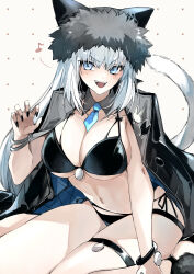  absurdres animal_ears bikini black_bikini black_hat black_jacket blue_eyes blush bracelet breasts cat_ears cat_girl cat_tail cleavage detached_collar dobrynya_nikitich_(fate) fate/grand_order fate_(series) female fur-trimmed_headwear fur_trim hat highres jacket jacket_on_shoulders jewelry kino_kokko large_breasts long_hair looking_at_viewer low_ponytail navel necktie open_mouth smile solo swimsuit tail thighs white_hair 