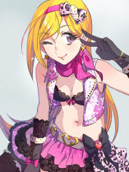  bare_shoulders belt black_bra black_gloves black_skirt blonde_hair bow_hairband bra breasts cleavage cropped_jacket earrings eyelashes female fujimoto_rina gloves grey_background hairband heart heart_earrings idolmaster idolmaster_cinderella_girls jacket jewelry long_hair looking_at_viewer midriff navel one_eye_closed open_clothes open_jacket pink_hairband pink_jacket pink_scarf purple_eyes scarf simple_background skirt sleeveless sleeveless_jacket smile solo underwear v white_belt yuura 