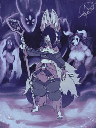  5_fingers anthro armwear asian_mythology atokitsune bandage big_ears bottomwear canid canine claws clothed clothing covered_eyes digitigrade east_asian_mythology fennec_fox fingers fox fur ghost hi_res inner_ear_fluff japanese_mythology jewelry kitae_(atokitsune) legwear male mammal midriff multi_tail multicolored_body multicolored_fur mythological_canine mythological_creature mythological_fox mythology necklace paws prick_ears short_male smoke solo spirit staff tail tall_ears topwear torn_clothing true_fox tuft two_tone_body two_tone_fur yokai 