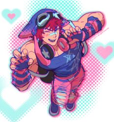  1boy bara beanie claw_pose fingernails from_above full_body goggles goggles_on_head hat heart heart_background heartsteel_sett league_of_legends looking_at_viewer male_focus muscular muscular_male one_eye_closed pants pectoral_cleavage pectorals pink_pants red_hair scar scar_on_face scar_on_nose sett_(league_of_legends) sharp_fingernails short_hair smile solo thick_eyebrows torn_clothes torn_pants yotti 