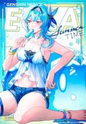  alternate_costume anklet armpits bead_anklet black_hairband blue_camisole bracelet breasts camisole character_name collarbone cover cutoffs english_text eula_(genshin_impact) fake_magazine_cover female food genshin_impact hair_ornament hairband highres holding holding_food holding_popsicle jewelry looking_to_the_side magazine_cover medium_breasts medium_hair midriff navel open_mouth popsicle revision shibuki_kamone sitting slime_(genshin_impact) solo stomach sweatdrop thigh_strap thighs vision_(genshin_impact) wariza yellow_eyes 