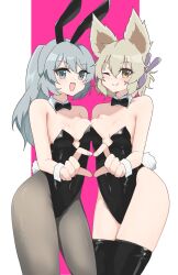  2girls :d ;) animal_ears black_bow black_bowtie black_leotard black_pantyhose black_thighhighs bow bowtie breasts brown_eyes cleavage commentary detached_collar grey_eyes grey_hair heart heart_hands heart_hands_duo highres leotard long_hair looking_at_viewer maid medium_breasts medium_hair momitoekk mononobe_no_futo multiple_girls one_eye_closed open_mouth pantyhose pink_background playboy_bunny pointy_hair ponytail rabbit_ears smile thighhighs touhou toyosatomimi_no_miko wrist_cuffs 