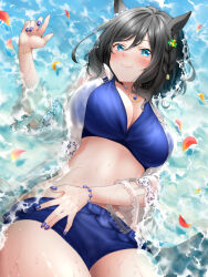  alternate_hairstyle animal_ears black_hair blush breasts cleavage closed_mouth collarbone commentary_request eishin_flash_(umamusume) female fingernails hair_ornament highres horse_ears horse_girl jewelry large_breasts looking_at_viewer necklace official_alternate_costume petals red_hayao smile solo swimsuit umamusume water 