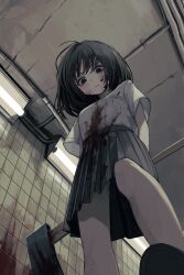  arms_behind_back axe black_hair blood blood_on_clothes blood_on_face blood_on_wall blood_on_weapon blood_splatter blue_eyes blush ceiling closed_mouth collared_shirt expressionless eyelashes feet_out_of_frame female from_below highres holding holding_axe holding_weapon implied_murder indoors long_hair looking_down medium_skirt original pleated_skirt sakiika0513 shadow shirt shirt_tucked_in shoes short_sleeves sidelighting skirt solo standing weapon white_shirt 