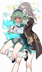  !? 2girls @_@ ahoge animal_ears black_jacket blush closed_eyes fiery_tail flying_sweatdrops fox_ears fox_girl full-face_blush green_eyes green_hair grey_hair highres holding_own_tail honkai:_star_rail honkai_(series) hug hug_from_behind huohuo_(honkai:_star_rail) jacket lifting_person long_hair long_sleeves loose_socks multiple_girls oerba_yun_fang open_mouth shoes short_shorts shorts simple_background skin_fang socks spoken_interrobang stelle_(honkai:_star_rail) sweatdrop tail trailblazer_(honkai:_star_rail) white_background white_socks yodare_(3yami8) yuri 