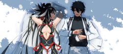  1boy :3 absurdres armor armpits bare_shoulders black_gloves black_hair blue_eyes breasts center_opening chaldea_uniform command_spell detached_sleeves fate/grand_order fate_(series) female fujimaru_ritsuka_(male) fujimaru_ritsuka_(male)_(decisive_battle_chaldea_uniform) gloves hair_between_eyes halterneck high_ponytail highres jacket japanese_armor long_hair long_sleeves lying medium_breasts multicolored_hair on_back open_clothes open_jacket outdoors paperpillar short_hair smile snow two-tone_hair uesugi_kenshin_(fate) uesugi_kenshin_(third_ascension)_(fate) very_long_hair white_hair white_jacket wide_sleeves yellow_eyes 