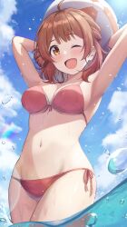  ;d absurdres ahoge armpits arms_up ball beachball bikini blush breasts brown_hair cleavage commentary female gakuen_idolmaster groin hanami_ume highres holding holding_ball holding_beachball idolmaster looking_at_viewer masuku_(saint_mask) medium_breasts navel one_eye_closed outdoors red_bikini side-tie_bikini_bottom smile solo stomach swimsuit wading 