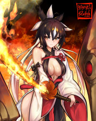  absurdres armor bare_shoulders black_dress black_hair black_skirt breasts brown_eyes center_opening cleavage detached_sleeves dress facial_mark fate/grand_order fate_(series) female fire forehead_mark gold_trim hair_between_eyes halterneck high_ponytail highres japanese_armor katana large_breasts layered_skirt long_hair looking_at_viewer multicolored_hair nagao_kagetora_(fate) radishkek sidelocks skirt sword thighs two-tone_hair uesugi_kenshin_(fate) uesugi_kenshin_(third_ascension)_(fate) very_long_hair weapon white_hair white_skirt wide_sleeves 