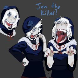  ai-generated_art_(topic) body_horror bright_pupils character_name creepypasta extra_mouth female hands_up highres hood hood_up horror_(theme) jeff_the_killer jeff_the_killer_(ai-gen) long_hair looking_at_viewer monster_girl multiple_views open_mouth orangeartsy red_nails saliva saliva_trail tongue tongue_out upper_body white_hair white_pupils 