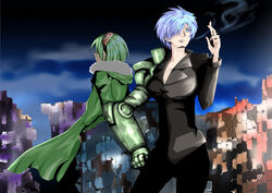  10s 1boy akame_ga_kill! breasts cigarette clouds female fingerless_gloves formal goggles goggles_on_head green_hair hair_over_one_eye jacket large_breasts looking_away lubbock najenda night purple_eyes short_hair silver_hair smoke smoking suit 