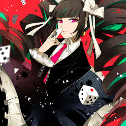  black_hair bonnet card celestia_ludenberg claw_ring commentary_request danganronpa:_trigger_happy_havoc danganronpa_(series) dice drill_hair female gothic_lolita lolita_fashion long_hair necktie photoshop_(medium) playing_card red_background red_eyes solo twin_drills twintails zxs1103 