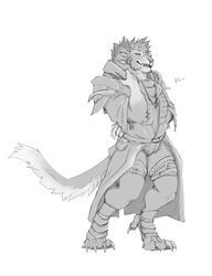  2016 4_ears anthro armor belt biped charr claws clothed clothing dagos digital_media_(artwork) digitigrade fangs felid female fur greyscale guild_wars hi_res horn jewelry long_fangs looking_at_viewer mammal monochrome multi_ear necklace simple_background smile smirk solo standing teeth toe_claws 