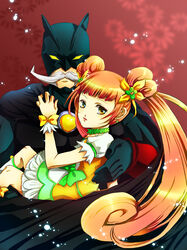  1boy bad_id bad_pixiv_id batman batman_(cosplay) batman_(series) boots brown_eyes brown_hair carrying choker cosplay dc_comics dokidoki!_precure double_bun dress facial_hair female hair_bun hair_ornament handlebar_mustache long_hair magical_girl matsuke_sasaru moustache open_mouth parody precure princess_carry puffy_sleeves ribbon sebastian_(dokidoki!_precure) twintails wrist_cuffs yotsuba_alice 