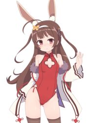  ahoge alternate_hairstyle animal_ears arm_behind_back ass_visible_through_thighs azur_lane bare_shoulders black_hair black_thighhighs blue_ribbon blunt_bangs blush breasts cleavage_cutout closed_mouth clothing_cutout commentary_request contrapposto covered_navel cowboy_shot fake_animal_ears female fur_trim groin hair_down hair_ornament halterneck hand_up hatomugi_(oudon_konekone) headband highleg highleg_leotard highres hip_focus jacket legs_apart leotard light_smile long_hair long_sleeves looking_at_viewer off_shoulder official_alternate_costume open_clothes open_jacket ping_hai_(azur_lane) ping_hai_(osmanthus_moon_rabbit)_(azur_lane) protected_link rabbit_ears red_eyes red_leotard ribbon side-tie_leotard side_slit simple_background small_breasts smile solo standing tassel thighhighs turtleneck two_side_up very_long_hair waving white_jacket wide_sleeves 