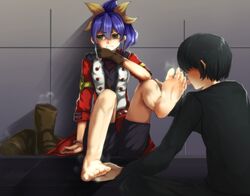  1boy barefoot blue_hair boots feet female foot_licking green_eyes leg_up licking long_hair looking_away ponytail serena_(yuu-gi-ou_arc-v) shoes_removed sitting soles steam toes yuu-gi-ou yuu-gi-ou_arc-v 