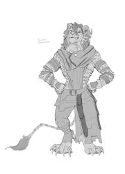  2016 4_ears anthro armor biped charr claws clothed clothing dagos digital_media_(artwork) digitigrade dreadlocks facial_piercing fangs felid front_view fur guild_wars hair hi_res horn looking_at_viewer male mammal markings monochrome multi_ear nose_piercing piercing septum_piercing simple_background solo spots spotted_body spotted_fur standing tail tail_tuft teeth toe_claws tuft white_background 