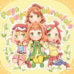  4girls ally_(puyopuyo) amitie amitie_(puyopuyo) andou_ringo arle_nadja arm_holding blonde_hair boots bracelet brown_eyes brown_hair compile drill_hair english_text green_eyes hair_ornament madou_monogatari multiple_girls open_mouth orange_hair pants puyopuyo puyopuyo_fever red_hair red_hat sega shoes short_hair shorts skirt sleeveless sleeves smile sneakers socks text wristband yellow_pants 